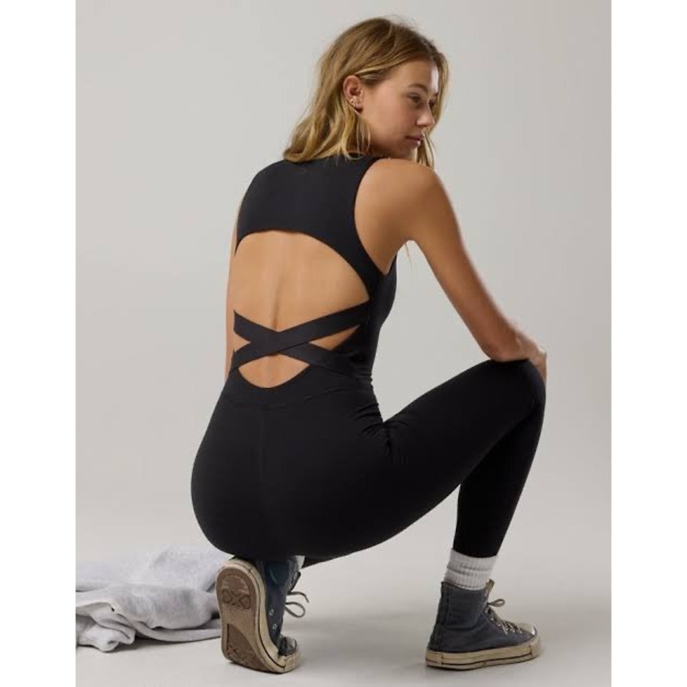 OFFLINE by Aerie The Hugger Black Open Back Crisscross Jumpsuit Small S/P